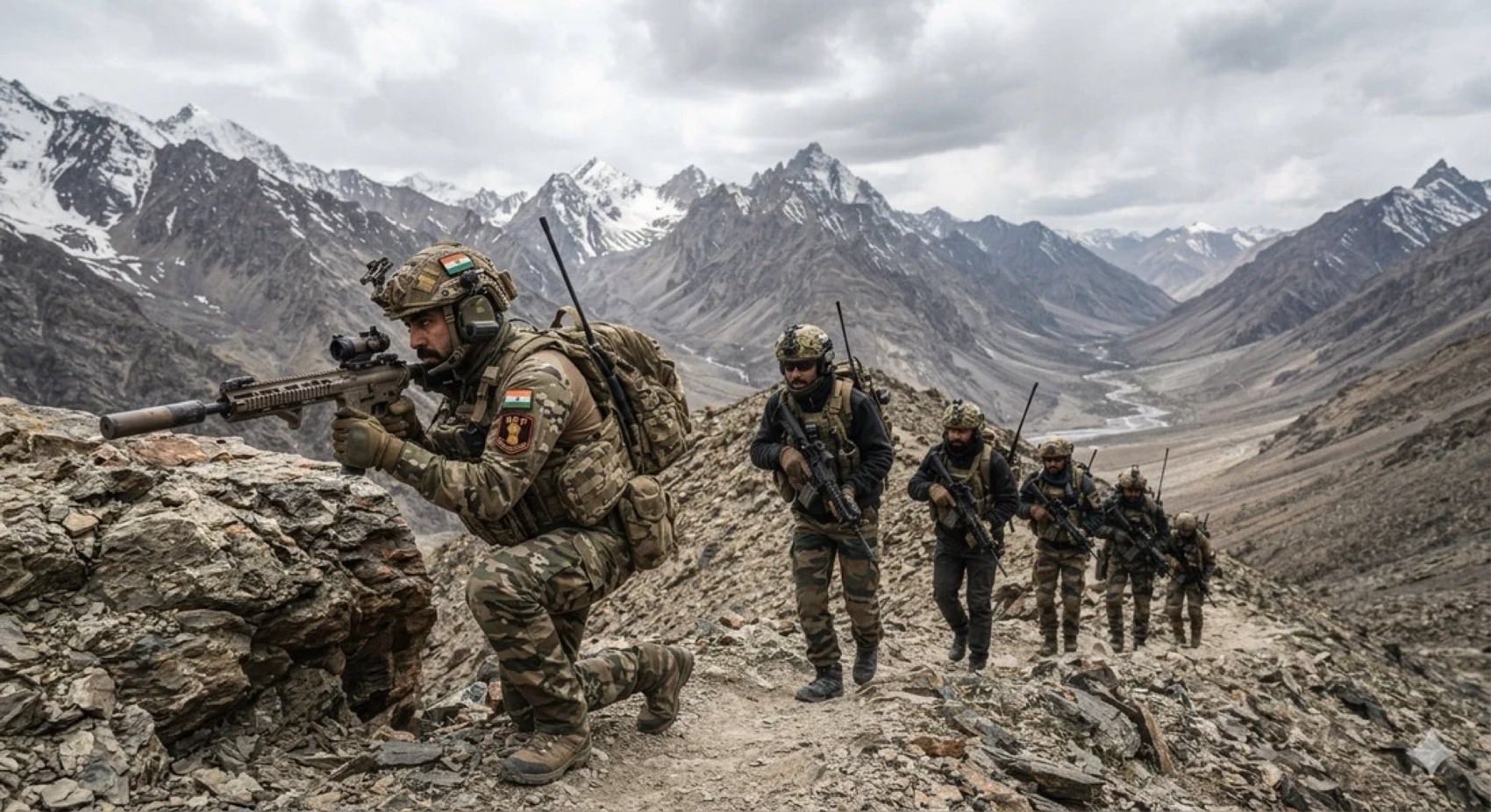 Personnel in protective equipment moving in single file along a high-altitude ridge beneath snow-covered peaks.